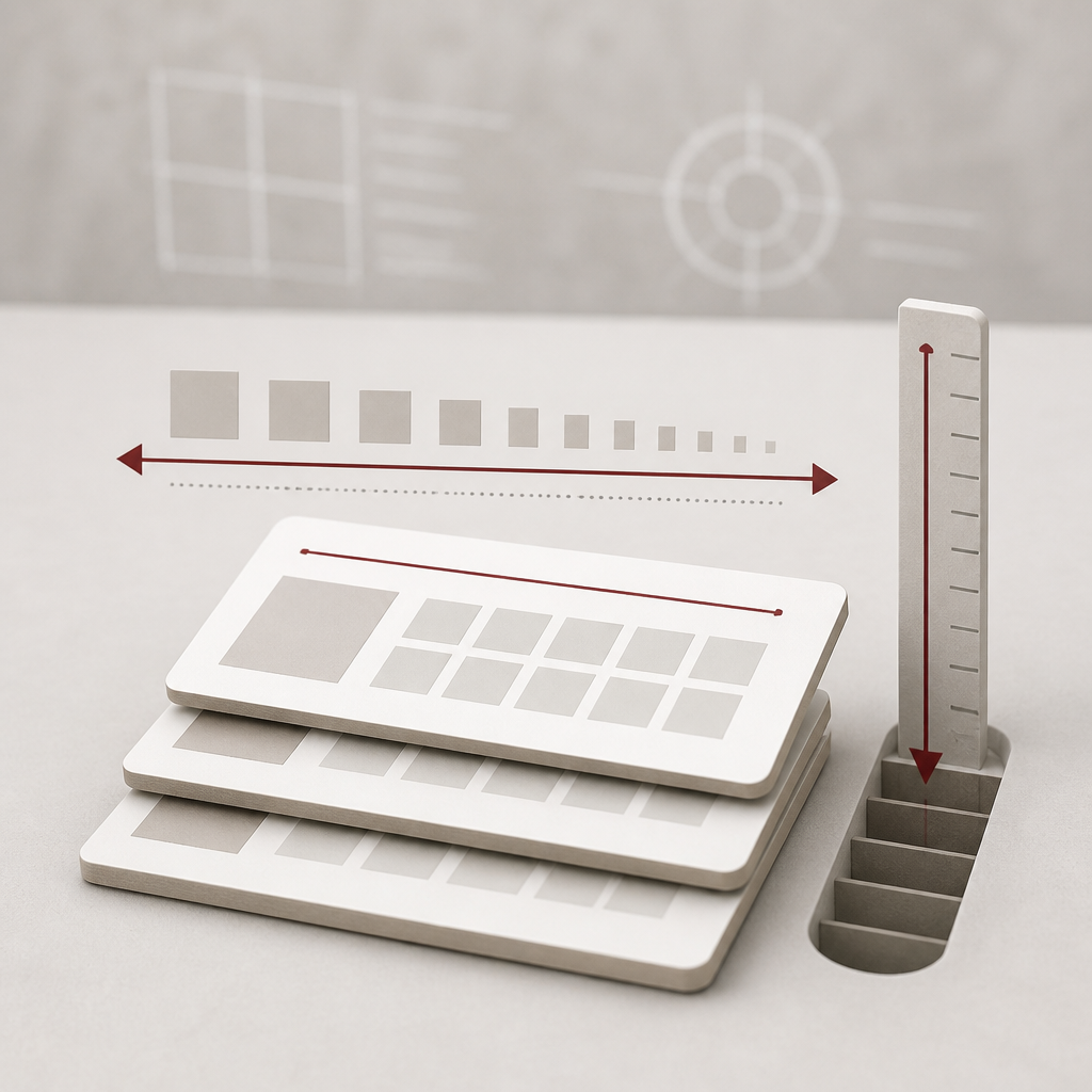 Illustration of stacked catalogue cards beside a depth ruler