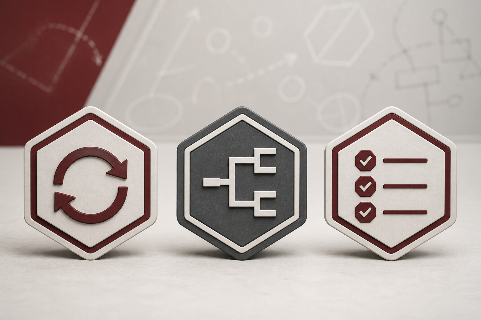 Three geometric tokens representing reload, tournament and mission promotions