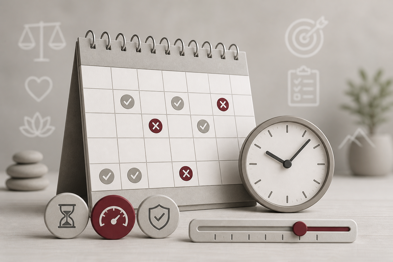 Calendar and clock motifs representing play limits